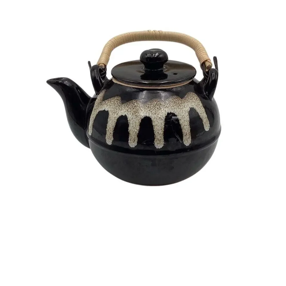 Japanese Ceramic Teapot Black & White‎ Drip Glaze Bamboo Handle